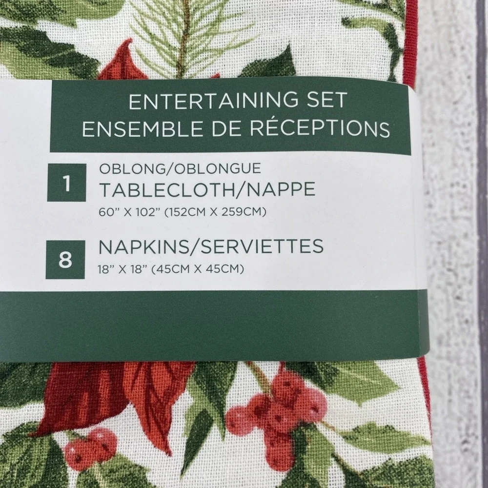 Rachel Ashwell Farmhouse Tablecloth 8-Napkin Set 60x102 Christmas Poinsettia